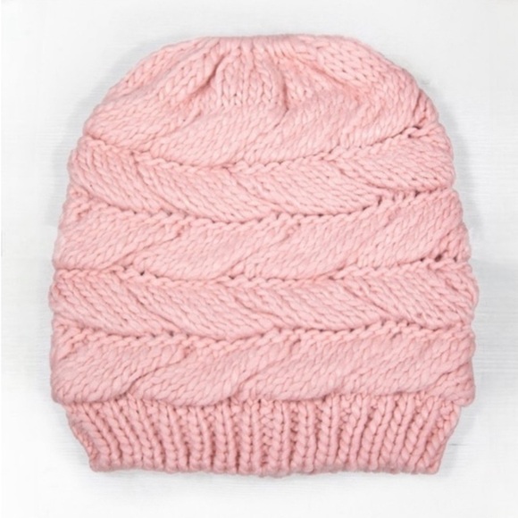 (19) 🍁New🍁Messy Bun Pink Beanie Fall Winter Hat - Picture 3 of 3